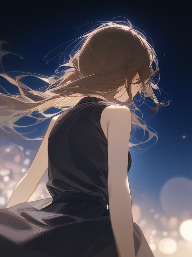  a girl who is laughing at me, a bright brown hair long hair, a transparent fleeting, the whole body facing the front, facing here, under the starry sky, the whole body, facing me, me i'm wearing a dubbed cardigan from the top of the black sleeveless with my eyes meet, masterpiece, best quality,8k,ultra detailed,high resolution,an extremely delicate and beautiful,hyper detail