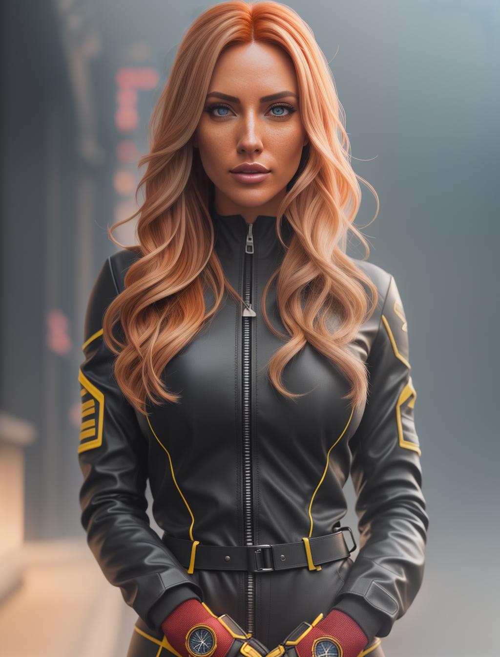  Art by Artgerm ,Greg Rutkowski, full body portrait, beautiful young female, strawberry blond hair, tan skin, freckles, highlights in eyes , racer , (racer girl), wearing jumpsuit, wearing gloves, instagram,((detailed face)), (detailed pupils:1.3), luminous effects, highest detailed, floating particles, Smooth focus, proportions, 16k resolution, ultra realistic, red and yellow hyperrealistic, full body, detailed clothing, highly detailed, cinematic lighting, stunningly beautiful, intricate, sharp focus, f/1. 8, 85mm, (centered image composition), (professionally color graded), ((bright soft diffused light)), volumetric fog, trending on instagram, trending on tumblr, HDR 4K, 8K