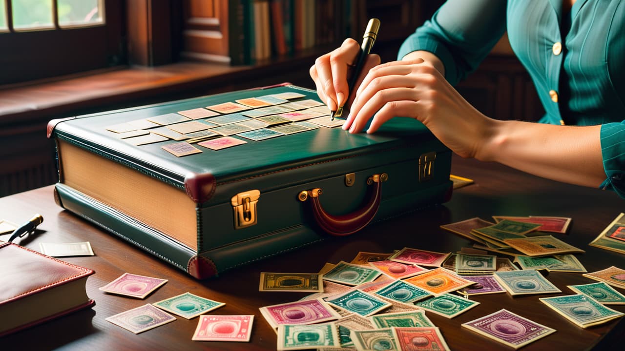  an ornate desk filled with vintage stamps, magnifying glass, and a leather bound album. a soft light illuminates the intricate designs, while a pair of hands delicately sorts through colorful, historical postage stamps. hyperrealistic, full body, detailed clothing, highly detailed, cinematic lighting, stunningly beautiful, intricate, sharp focus, f/1. 8, 85mm, (centered image composition), (professionally color graded), ((bright soft diffused light)), volumetric fog, trending on instagram, trending on tumblr, HDR 4K, 8K