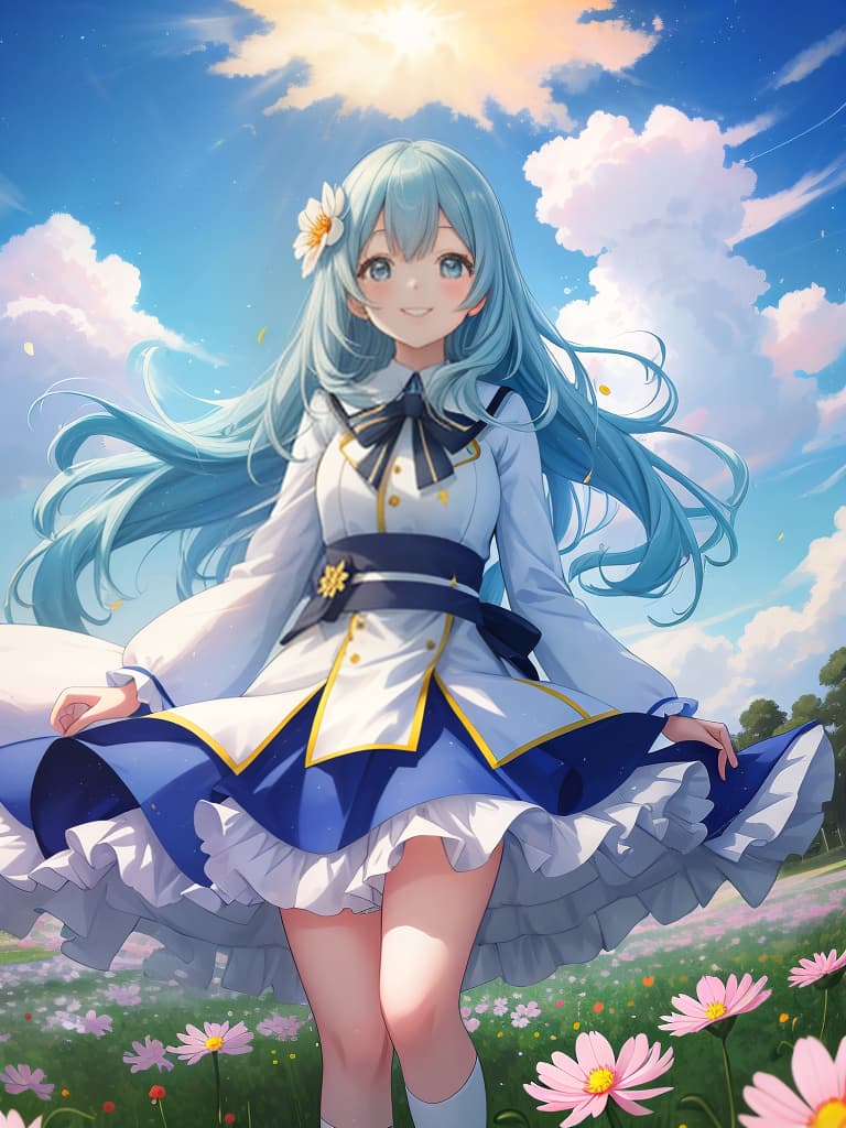  a smiley girl, akisakura, cosmos a lot, long hair, blue sky, girl bigger, flower field, portrait, masterpiece, best quality,8k,ultra detailed,high resolution,an extremely delicate and beautiful,hyper detail