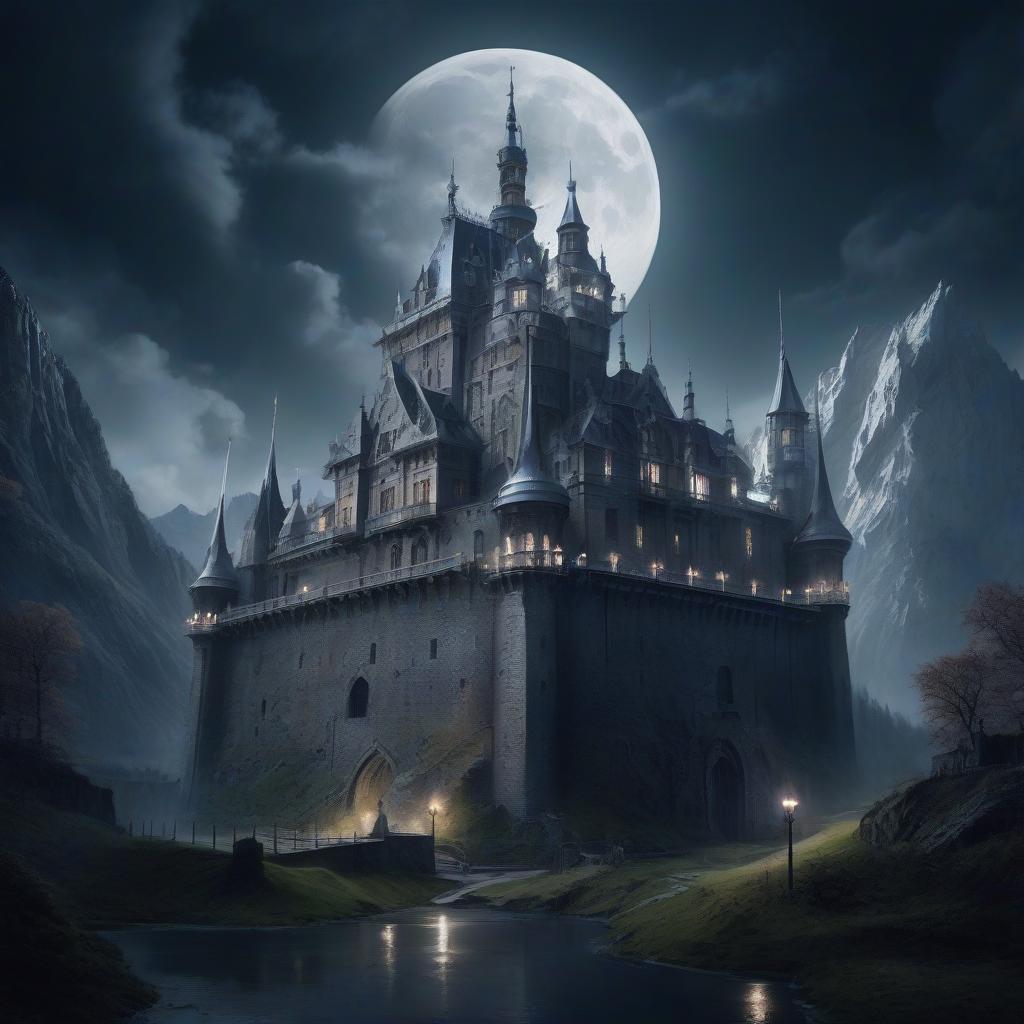  iron castle. there is a moat in front of the castle. a castle in the mountains. a gloomy castle. baroque, rococo, cyberpunk. moon. moonlight. big moon. silver rays.