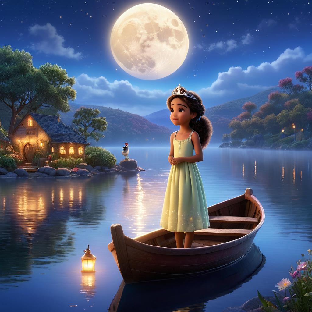  in 3d animated movie style. disney pixar style. masooma, 6, kind hearted, wears flowy dress, sparkly tiara. sparky, wise, no particular outfit. small boat, moonlit shore, lake reflecting moonlight, misty island. pixar 3d style, lifelike textures. soft moonlight, warm hues, magical lights. bird's eye view of masooma, sparky, moonlit lake, misty island.