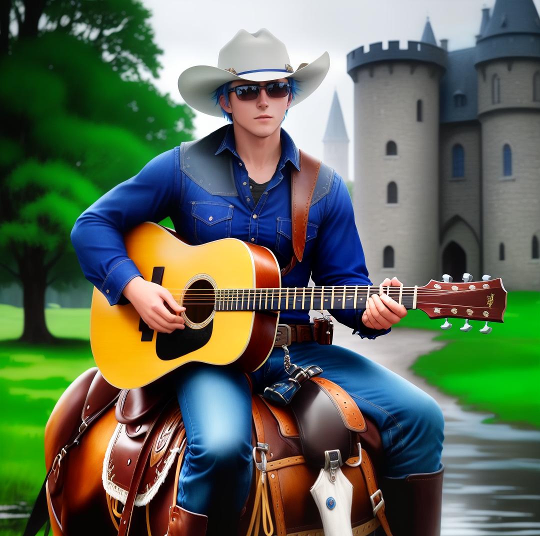  A 17-year old Irish cowboy with short blue hair, blue eyes, and sunglasses wearing a dark blue Western shirt, jeans with a belt, brown boots, and a white cowboy hat playing an acoustic guitar sitting on his horse in a ranch on an Irish medieval castle grounds in the rain at nighttime., hyperrealistic, high quality, highly detailed, perfect lighting, intricate, sharp focus, f/1. 8, 85mm, (centered image composition), (professionally color graded), ((bright soft diffused light)), trending on instagram, HDR 4K, 8K
