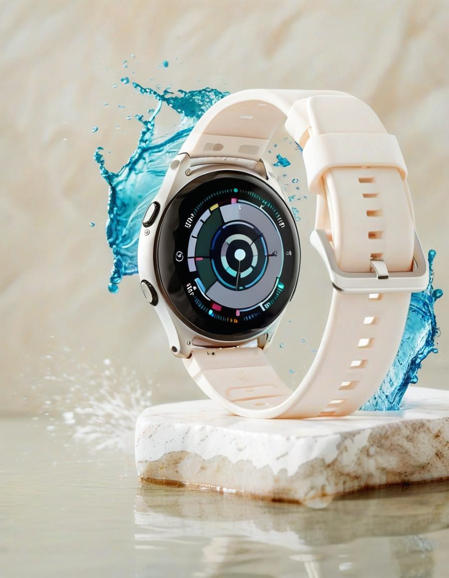  smart watch on white stone, in the background splashing water, light background, film photography style