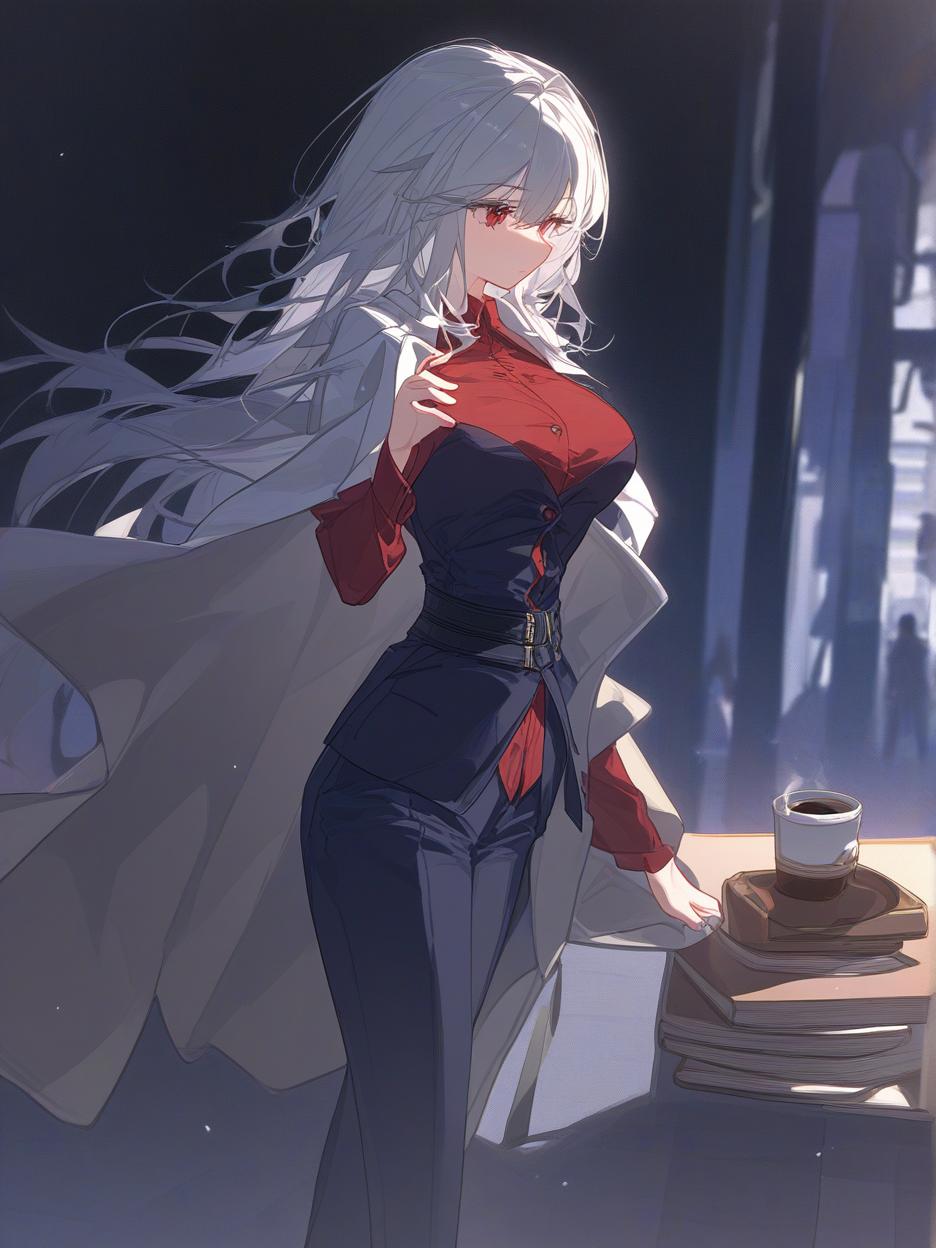  manga art style, a strong woman, silver hair, covering her face. she has deep, beautiful red eyes that are very prominent, white eyelashes that are very prominent in the eyes. she wears dark dress pants. a red shirt with buttons on the front seam, two thin belts under the bust. a light gray lab coat on the shoulders. a very strong and slender body, his strong abdomen shows in the red shirt. the background is a futuristic area where people practice combat in the background. she has a cup of coffee in her hands. well highlighted eyes with white eyelashes details, 8k. . best quality, high resolution