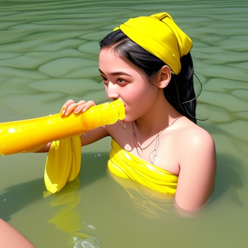  Create a image of girl offering yellow water to me after drinking everything from it