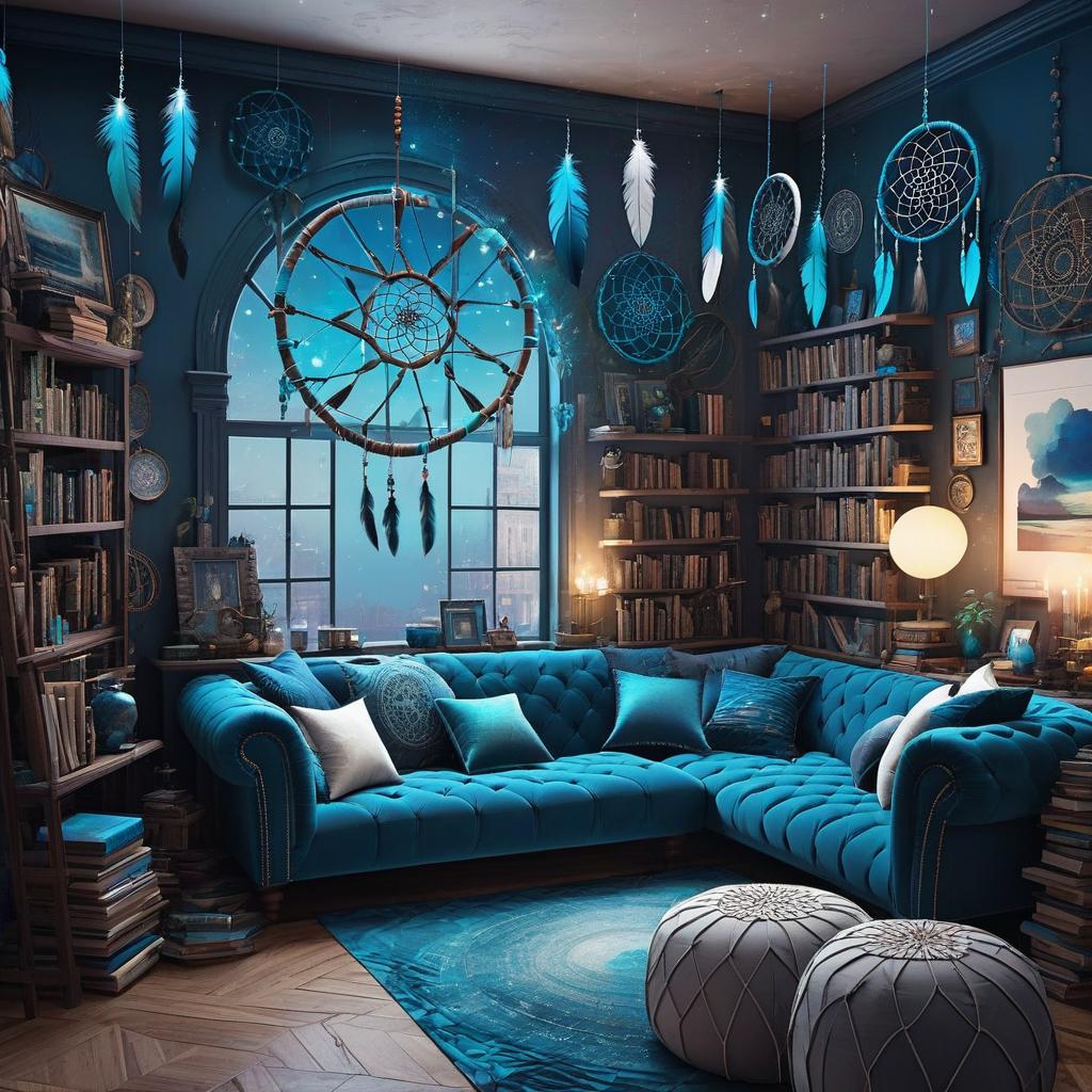  a small, messy and cluttered apartment for a male. the walls are covered in dream catchers of various sizes, books on dream lore, and strange artifacts. in the center of the room is a large, ancient looking dream catcher. there’s a large couch also. the color scheme is hues of blues., award winning, professional, highly detailed, masterpiece