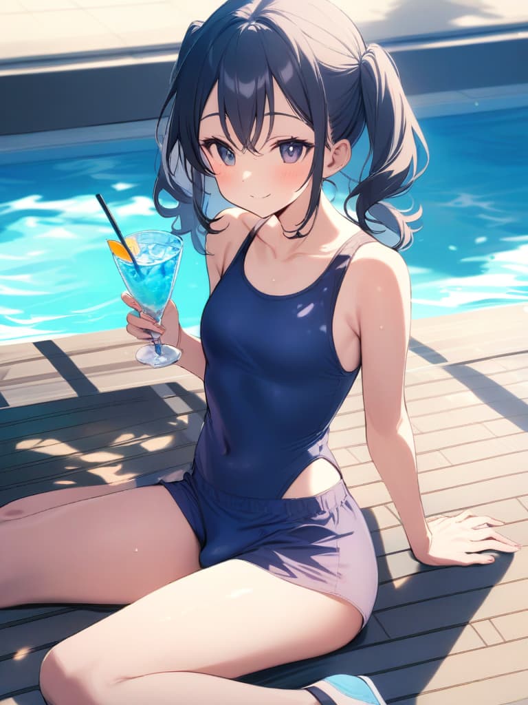  women's elementary students, twin tails, rich smiles, cute smiles, navy blue swimwear, old swimwear, swimwear, simple, male, shaped clear , shaped clear, clear stem, shaped crisp, male bulge,, front. the whole body, pool side,