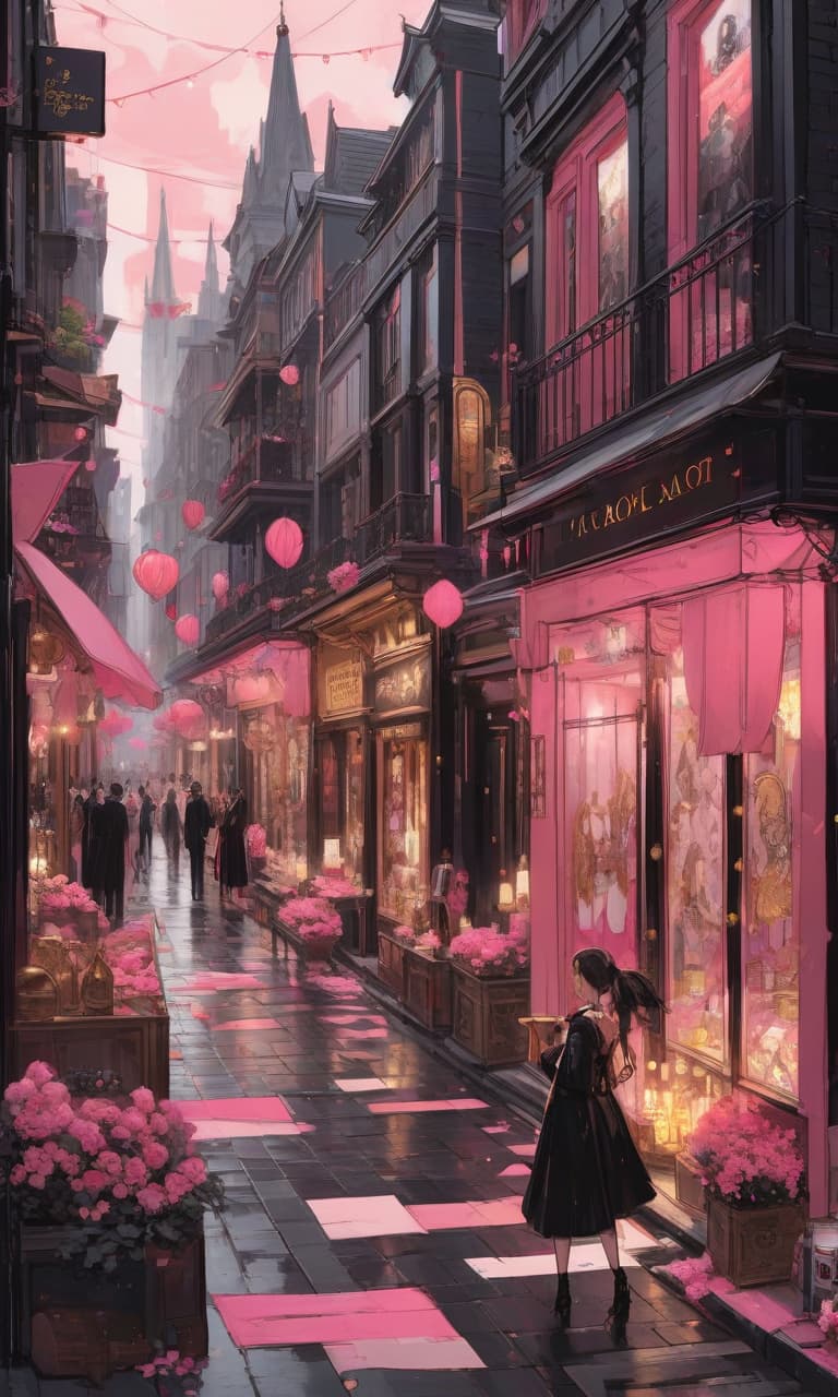  concept art tarot color pink, white, black, gold street with shops, all black and gold many people in black suits and dresses they buried in phones, in the center of the street one girl in a pink bright dress . digital artwork, illustrative, painterly, matte painting, highly detailed, perfect hands