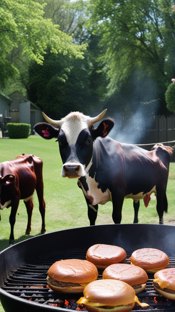  A cow barbecueing hamburgers, in the back yard.