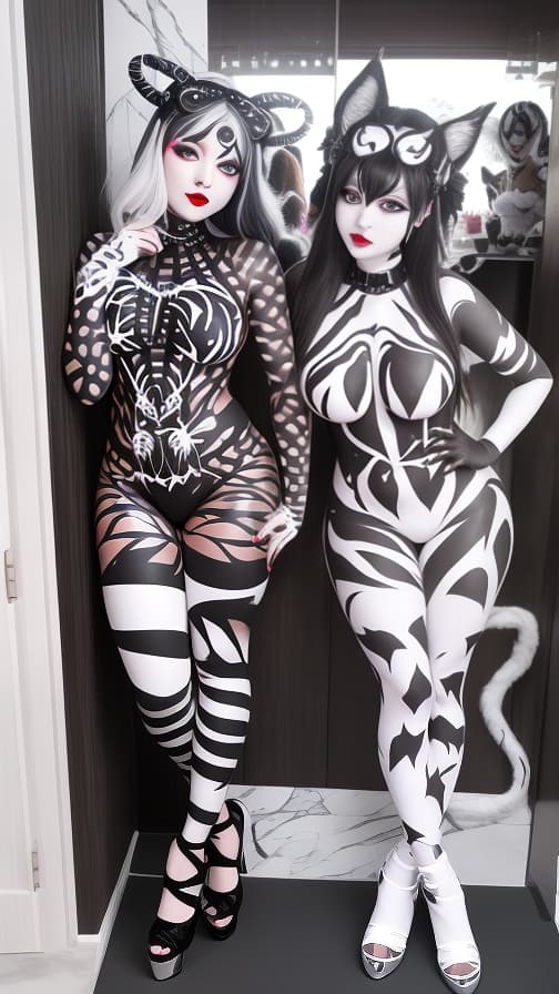  Black and White Spider-patterned body paint in every corner of the whole body, full-body, White body paint,Silver face paint on the face,Two succubuses 女性