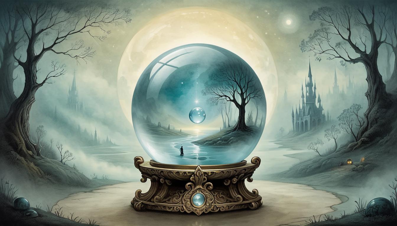  on parchment, surrealism+++, an image of a crystal ball, glowing with a soft, inner light, showing a misty vision of a path ahead, clarity, foresight(mysterious, provocative, symbolic,muted color)+++