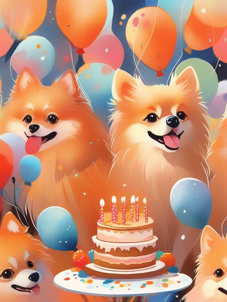  (painting,happy birthday),cake 🎂,balloons 🎈,cute orange pomeranian,smiling,gentle illustration,masterpiece,high quality,8k