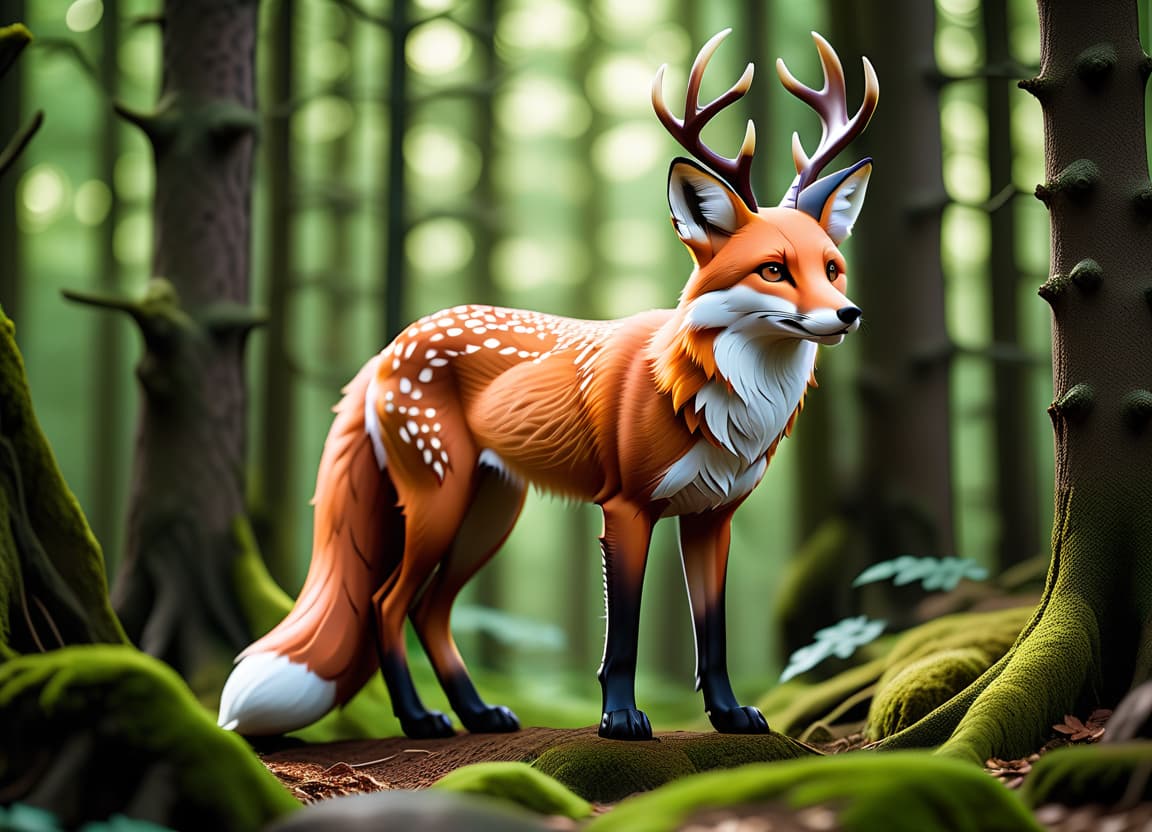  cinematic photo animal, mythical animal, fox with full length deer horns, forest, fox, forest spirit animal, forest spirit, patterns, unusual color, full height, stands sideways . 35mm photograph, film, bokeh, professional, 4k, highly detailed