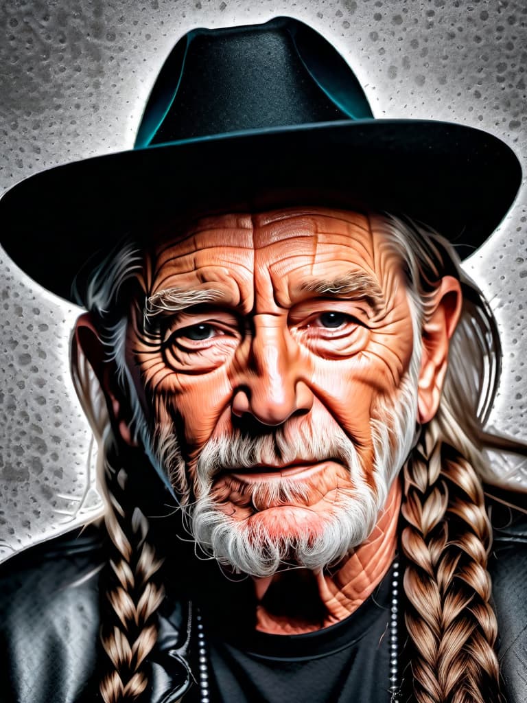  Singer Willie Nelson, medium shot, upper body, spotlight, long exposure lighting, street art style spray paint, glamour lighting