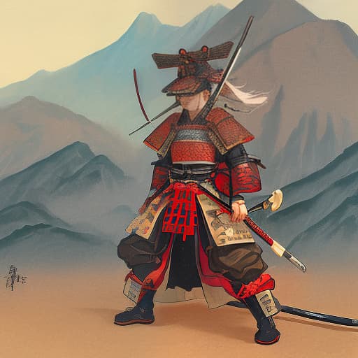  a samurai stands against a mountain over which a dragon flies