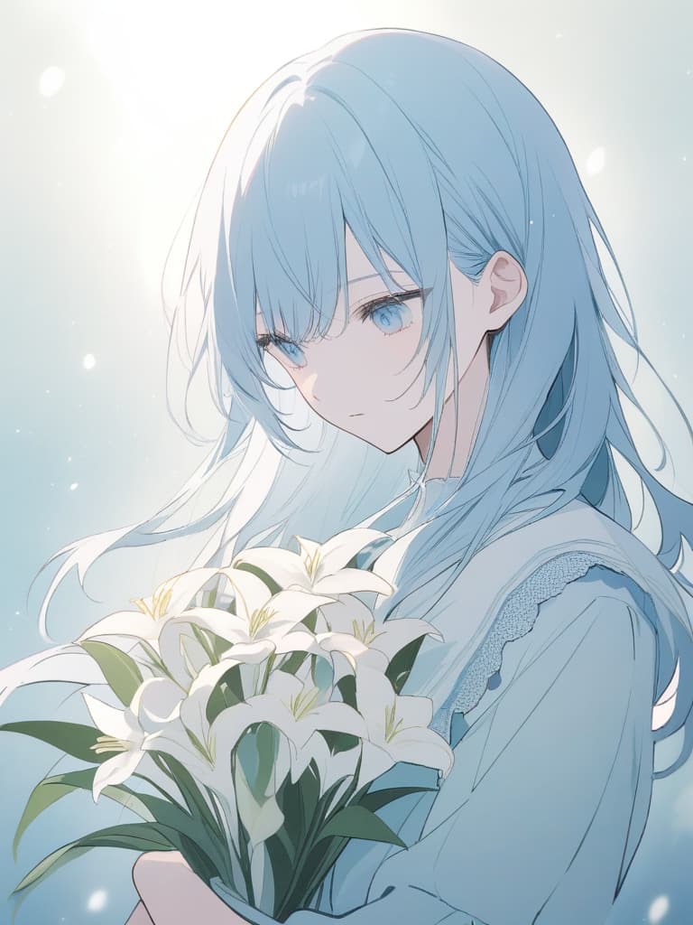  a serene and delicate anime style ilration featuring a young with long,flowing,pale blue hair. her eyes are a striking,bright blue,exuding a sense of calm and melancholy. she is holding a bouquet of white lilies close to her face,with one lily tucked behind her ear. the ’s attire is a white,lace with subtle ruffles,adding to the ethereal and soft atmosphere. the background is mostly white,with soft light and shadows creating a peaceful and dreamy environment. the overall color palette is light and pastel,emphasizing the purity and fragility of the scene. the ’s expression is gentle and contemplative,as if lost in thought,adding an emotional depth to the image.