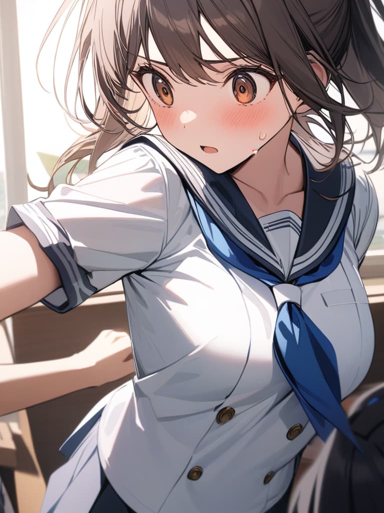  sailor uniform, high school girls, girls, running, brown eyes, brown hair, surprised, someone help, masterpiece, best quality,8k,ultra detailed,high resolution,an extremely delicate and beautiful,hyper detail