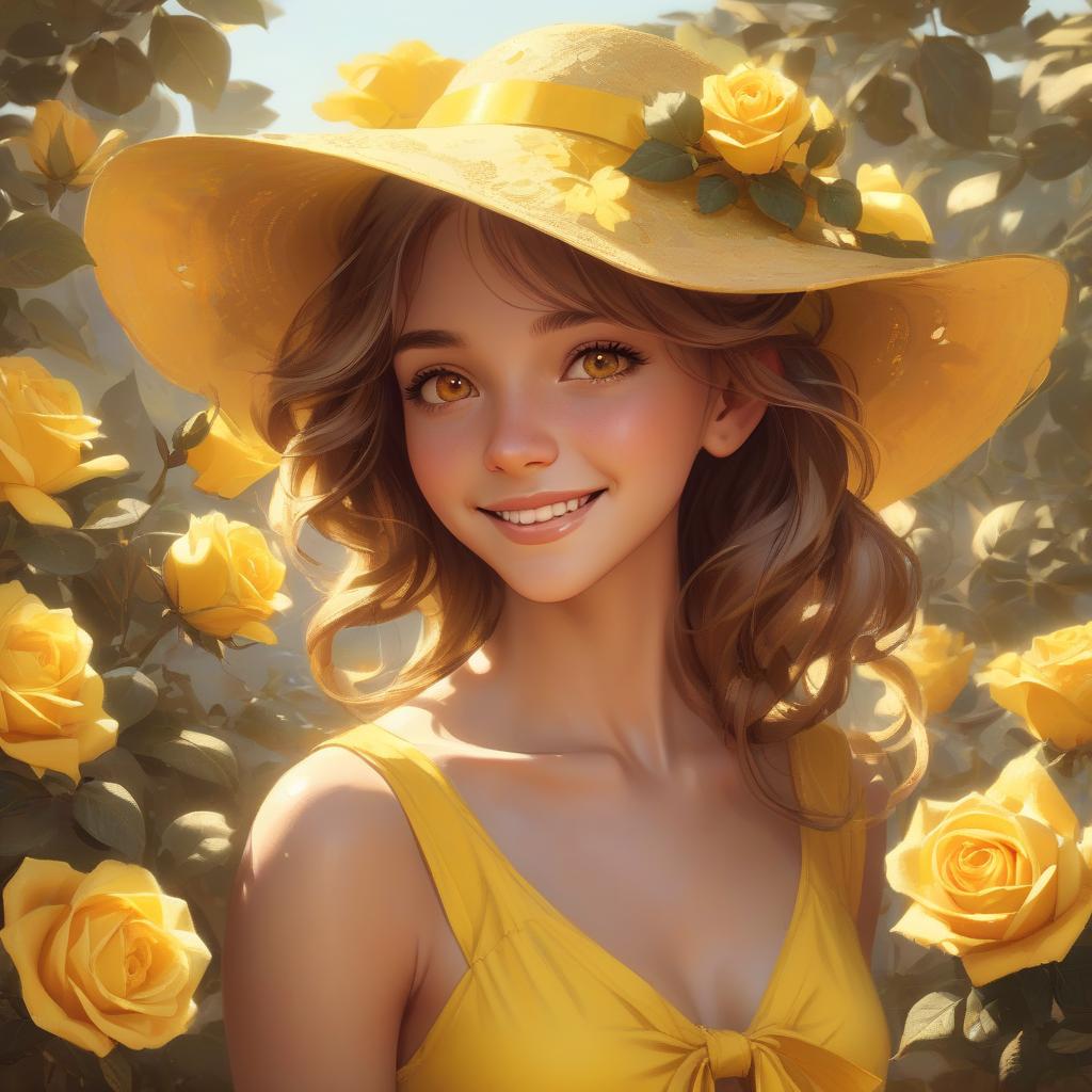  concept art portrait. head and shoulders portrait. a woman in a yellow sundress with a straw sunhat and yellow ribbon, smiling near yellow roses outside, with brown eyes and hair. head and shoulders portrait. inspired by greg rutkowski, artgerm, wlop, alphonse mucha. warm, vibrant triadic colors and dynamic, soft, natural lighting. unreal engine 5, volumetric lighting and hyperdetailed textures. intricately detailed, splash art. trending on artstation. highly realistic. 8k resolution, best quality. masterpiece.