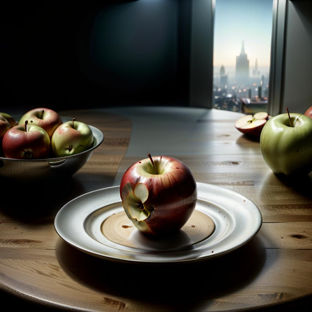  hyperrealistic art kitchen, table in the kitchen, plate on the table, apple on the plate, space in the apple . extremely high resolution details, photographic, realism pushed to extreme, fine texture, incredibly lifelike, civitai