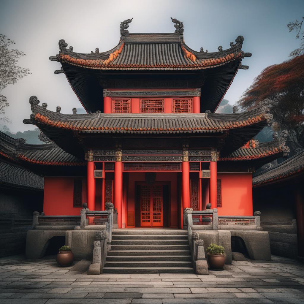  traditional chinese architecture hyperrealistic, full body, detailed clothing, highly detailed, cinematic lighting, stunningly beautiful, intricate, sharp focus, f/1. 8, 85mm, (centered image composition), (professionally color graded), ((bright soft diffused light)), volumetric fog, trending on instagram, trending on tumblr, HDR 4K, 8K