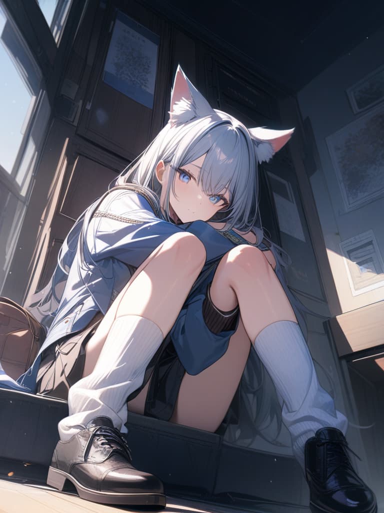  girls, loose socks, students, white socks, wolf ears, white eyes, blue eyes, long hair, uniforms, shoes black, whole body, masterpiece, best quality,8k,ultra detailed,high resolution,an extremely delicate and beautiful,hyper detail