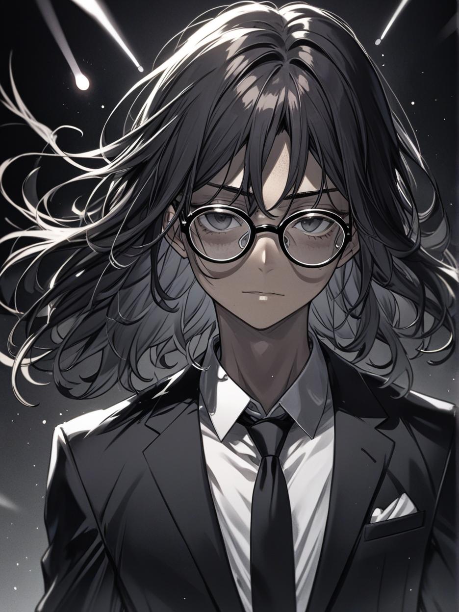  manga artwork creates for me an image of a man, he has messy black medium hair, with two strands of hair parted in the middle, one of the strands white. circular glasses, all in shadows and black, black background and white lights, wearing a suit and dress clothes. manga artist. manga, highly emotional. best quality, high resolution