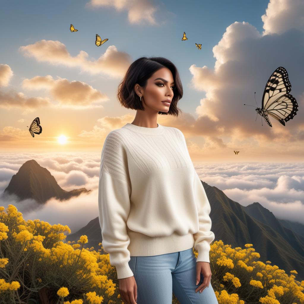  A modern Peruvian lady in heaven amongst clouds at sunset, wearing an off-white soft cashmere-like sweater and with a short bob haircut. Her hair is black with a white strip of hair in the front near the forehead centered. A lot of Eurema Lisa butterflies, small and soft yellow with no black, are flying past her. The scene should be dreamy and angelic. hyperrealistic, full body, detailed clothing, highly detailed, cinematic lighting, stunningly beautiful, intricate, sharp focus, f/1. 8, 85mm, (centered image composition), (professionally color graded), ((bright soft diffused light)), volumetric fog, trending on instagram, trending on tumblr, HDR 4K, 8K