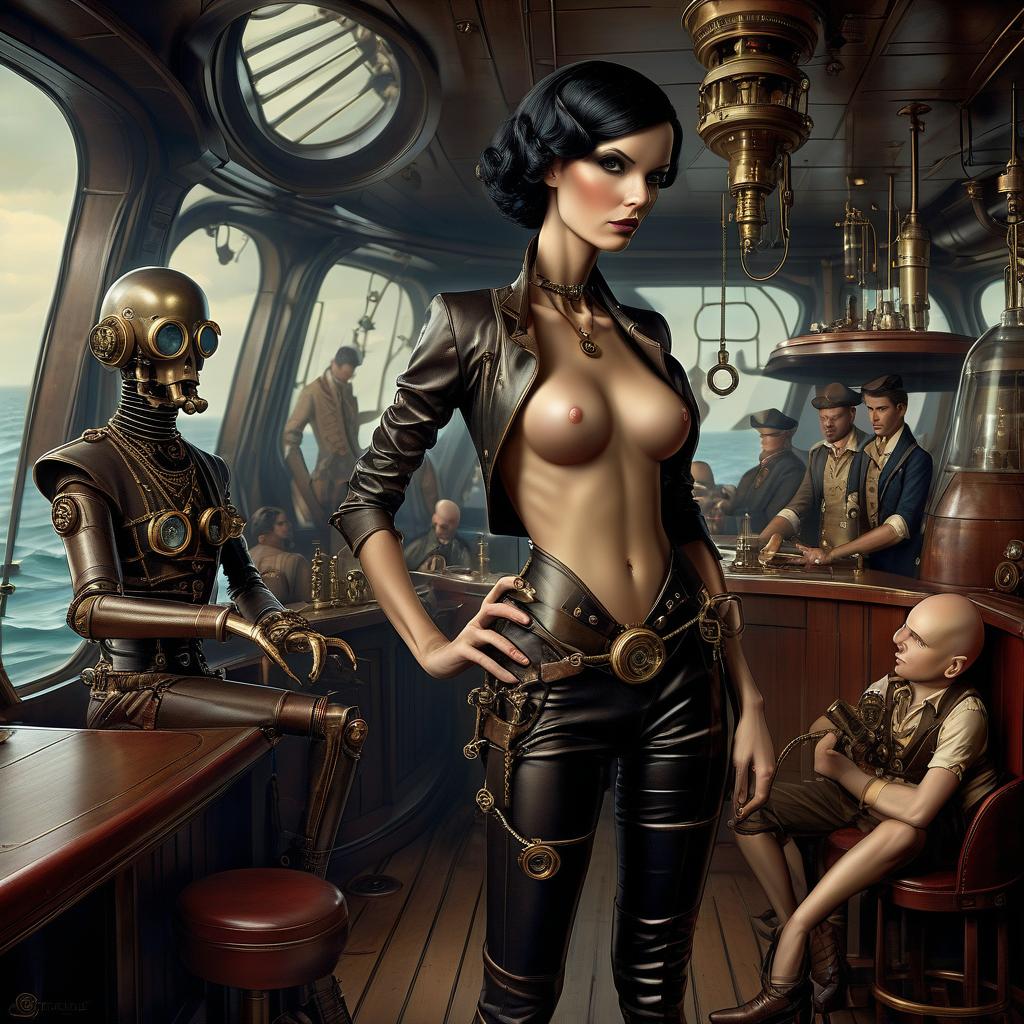  nautical themed a group of smugglers, a candy man, 40, ben needle, small, bald, black. a young , 20 year, medium sized s, graceful thin waist, long slender legs, black hair, droid, minotaur. full length image, steampunk, dieselpunk, paropunk, stand in a futuristic tavern. . sea, ocean, ships, maritime, beach, marine life, highly detailed