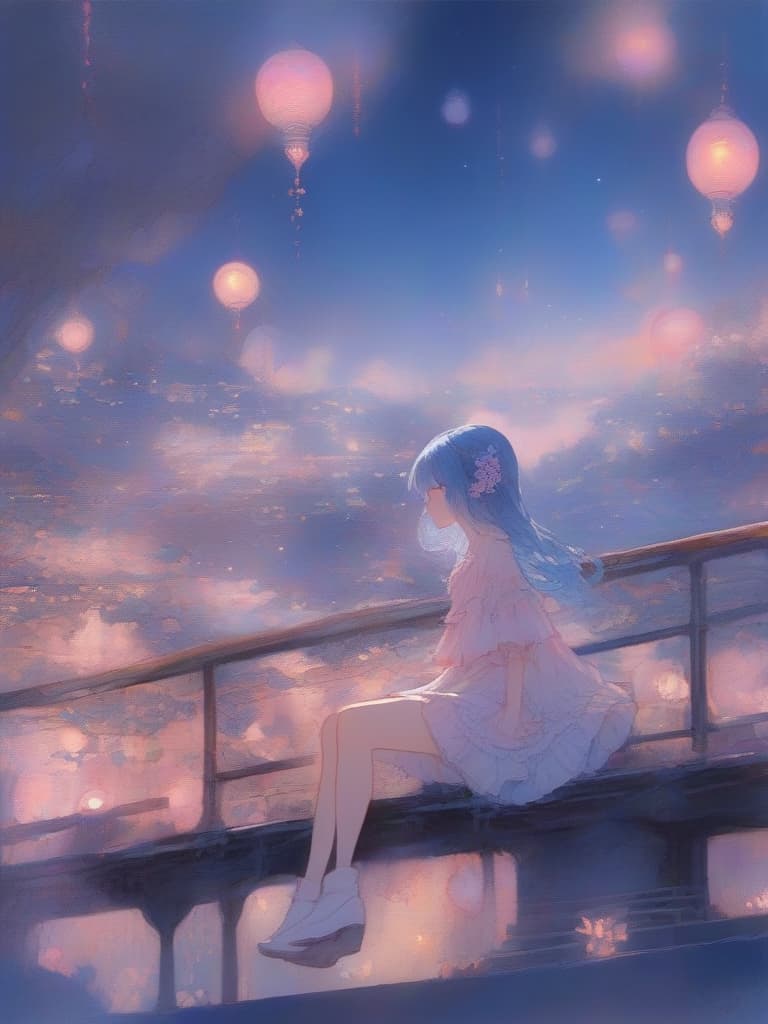  (pastel colored painting),blue theme,((pink theme)),no lineart,full body,cinematic angle,solo,,asymmetrical bangs,long hair,((split hair)),((two tone hair)),pastel blue hair,((pastel pink hair)),twintails,frilled dress,(tights,under shorts),siting,knee up, together foots apart,platform boots,((ennui,shy,blush)),looking at side,looking away