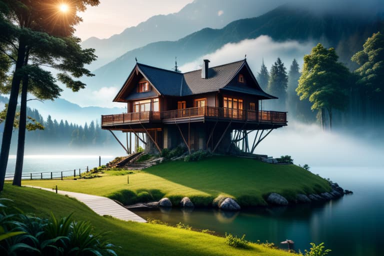  house on the tree near the lake. modern design. high quality. hyperrealistic hyperrealistic, full body, detailed clothing, highly detailed, cinematic lighting, stunningly beautiful, intricate, sharp focus, f/1. 8, 85mm, (centered image composition), (professionally color graded), ((bright soft diffused light)), volumetric fog, trending on instagram, trending on tumblr, HDR 4K, 8K