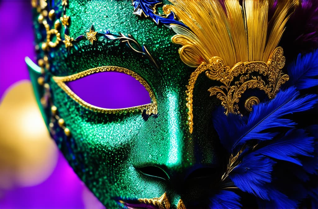  professional detailed photography, venetian mask for a colorful mardi gras masquerade illustration ar 3:2, (muted colors, dim colors, soothing tones), (vsco:0.3)