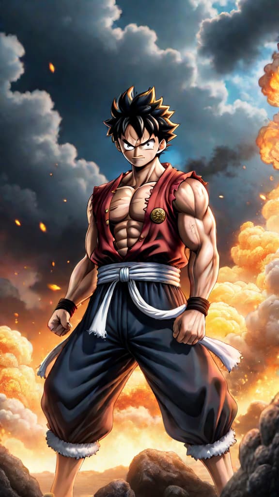  anime art: luffy's gear fourth reveals the mysterious will of d in the climactic battle of dressrosa. hyperrealistic, full body, detailed clothing, highly detailed, cinematic lighting, stunningly beautiful, intricate, sharp focus, f/1. 8, 85mm, (centered image composition), (professionally color graded), ((bright soft diffused light)), volumetric fog, trending on instagram, trending on tumblr, HDR 4K, 8K