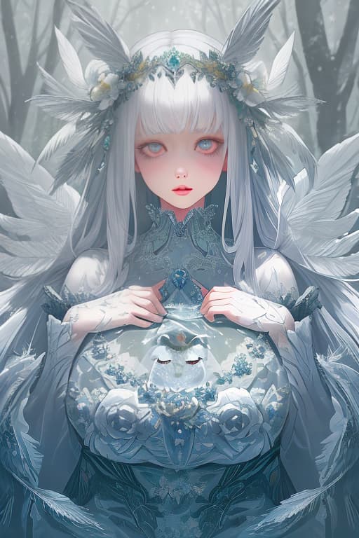  very beautiful girl and white owl, huge eyes, plump lips, transparent outfit of scales, flowers, feathers of mysticism, fantasy, fabulous forest, soft light, glitter, beautiful, 5d, realistic, 128k, high resolution, high detail, hyperrealism, 300dpi, highly detailed digital painting, gothic art, horror realistic, f/19, 1/400s, muted lighting, sparkling snow, psychedelic, hyperrealistic