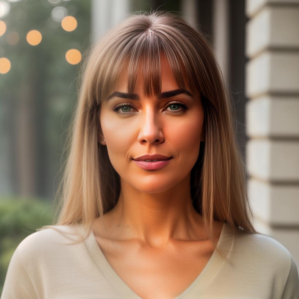  (((realistic full torso frontal head shot of a light beige to medium tan skin tone woman))), liselotte jane winkler, ((caucasian heritage)), immature face, brown eye color, ((bangs hair style)), (( hair color)), (( body type)), small size, big size, (immature flat nose), (immature defined cheekbones), (immature angular jawline), (immature full lips), (immature wide forehead), (immature even eyebrows), (immature dimpled chin), standing straight looking directly into the camera,((wearing fitted polo shirt with deep v neck and monogrammed pocket)), backyard in background, 1, best quality, highest quality, award winning photo, masterpiece, raw, professional photography, photorealism, sharp focus, cinematic, hi hyperrealistic, full body, detailed clothing, highly detailed, cinematic lighting, stunningly beautiful, intricate, sharp focus, f/1. 8, 85mm, (centered image composition), (professionally color graded), ((bright soft diffused light)), volumetric fog, trending on instagram, trending on tumblr, HDR 4K, 8K