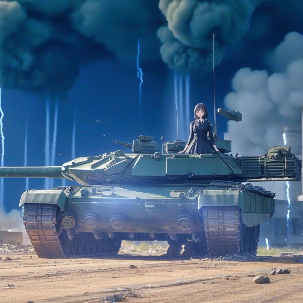  foreground: main battle tank, 6 support rollers, modern tank, a girl sits on the tank, a girl is closed from the explosion of the tank, the tank is deployed in front, a girl in anime style, eyes green, gothic style of clothing, dark dress, background: nuclear explosion, nuclear mushroom, destroyed city