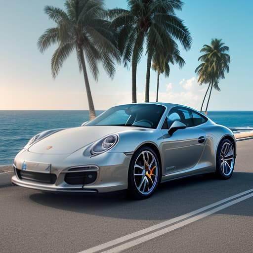  a young guy with bristles in a shirt with palm trees sits in an expensive porsche behind the wheel view from the side of the ocean waves bright sun