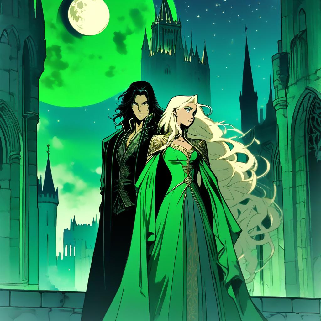  concept art a handsome man with long black hair, light gray eyes, no beard, no mustache, in aristocratic rich clothes stands next to a young blonde with long blonde hair in a green velvet dress, full height, against the background of a medieval city, night, moon in the sky, fantasy, tolkin, jared summer . digital artwork, illustrative, painterly, matte painting, highly detailed, hkmagic