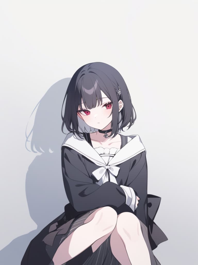  amale jirai kei'character with black hair,wearing dark clothing with silveraccessories such as a choker and subtle rings,sitting with a forward leaning posture and arms wrapped around himself. the character conveys a sense of vulnerability and delicate mood,with dark makeup and a melancholic expression