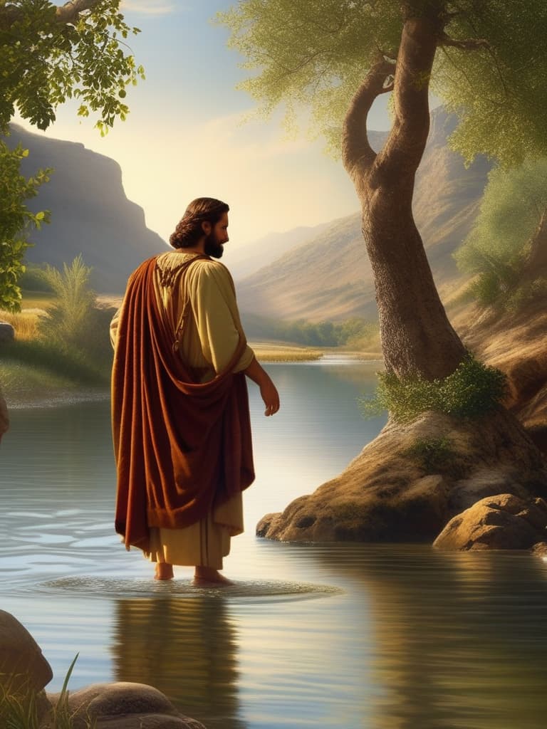  John the Baptist facing Jesus, standing in the the river Jordan . Close up view.