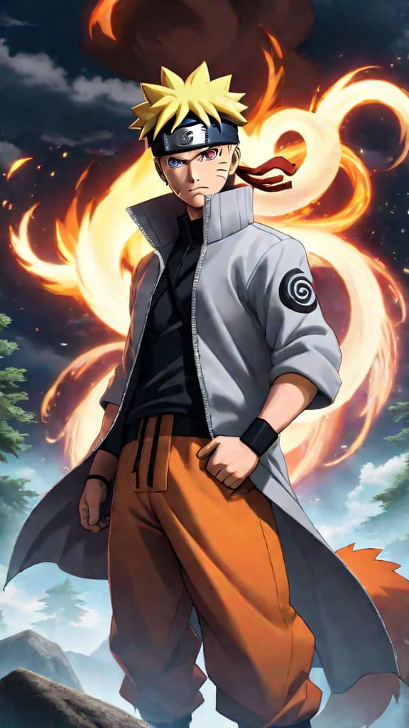  anime art: naruto's perfect blend of heritage, hard work, and the nine tails granting him infinite chakra. hyperrealistic, full body, detailed clothing, highly detailed, cinematic lighting, stunningly beautiful, intricate, sharp focus, f/1. 8, 85mm, (centered image composition), (professionally color graded), ((bright soft diffused light)), volumetric fog, trending on instagram, trending on tumblr, HDR 4K, 8K