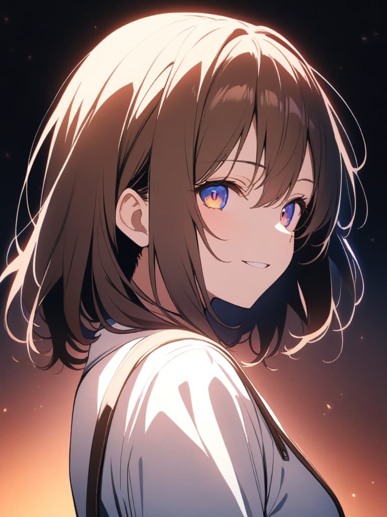  a beautiful brown haired girl,smile,long messy hair,ultra detailed,best shadow,beautiful detailed deep rainbow eyes,cute and beautiful face,shy smile,white shirt,upper body view,colorful,(masterpiece:1.2),(best quality:1.2),detailed background,high contrast,(best illumination,an extremely delicate and beautiful),((cinematic light)),hyper detail,dramatic light,intricate details,8k,anime,very aesthetic