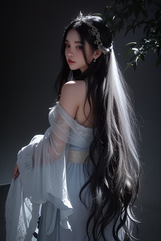  depicts a mysterious young woman, hidden in the shadows, ornate ornamentation concealing her face, with intricate carvings and subtle touches of silver and gold, her long jet black hair cascading down her back like a night waterfall, her skin glowing, kissed by the moonlight, with high cheekbones and a serene, ethereal aura, set against a dark background that shifts from deep blue to inky black, evoking a sense of mystery and intrigue, with subtle touches of moonlight casting an eerie light on her mask and hair, and a delicate lace pattern, like silver threads woven into the fabric of her dark, flowing outfit., pouting advertising photo,high quality, good proportion, masterpiece , the image is captured with an 8k camera