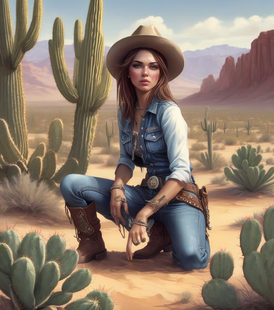  grunge style arafed woman in cowboy outfit kneeling in desert with cactus, female cowgirl, by mort künstler, by magali villeneuve, by pamela ascherson, highly detailed digital painting, cowgirl, western art, in stunning digital paint, western cowgirl, realistic digital painting, smiling woman, photorealistic digital painting, ultradetailed digital painting . textured, distressed, vintage, edgy, punk rock vibe, dirty, noisy