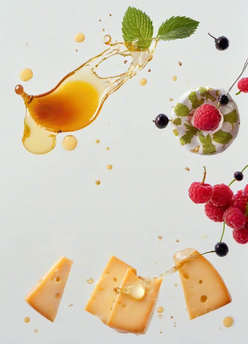  food photography style the cheese is poured with honey, next to raspberry jam and a few berries, a delicious cover, a beautiful reflection . appetizing, professional, culinary, high resolution, commercial, highly detailed, film photography style