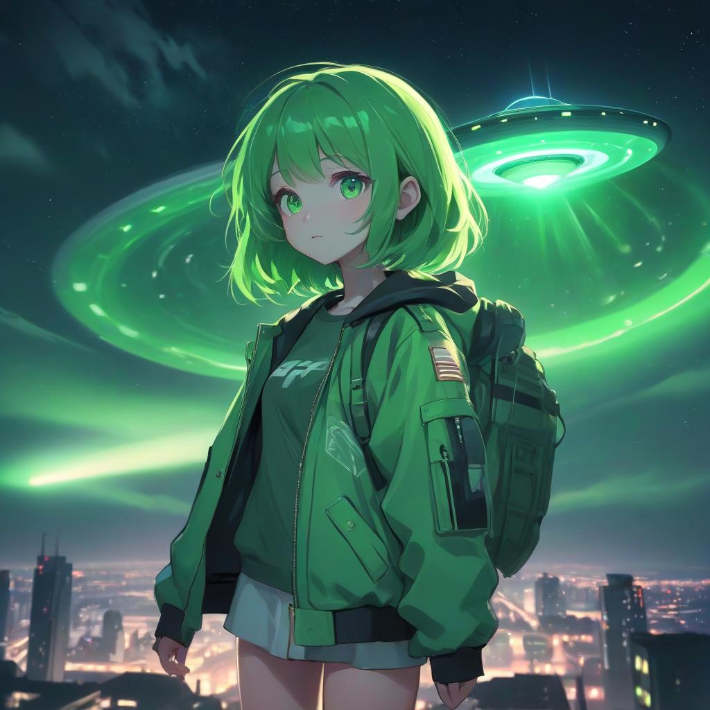  anime style girl in a green jacket, green color, night, bright light, ufo in the sky