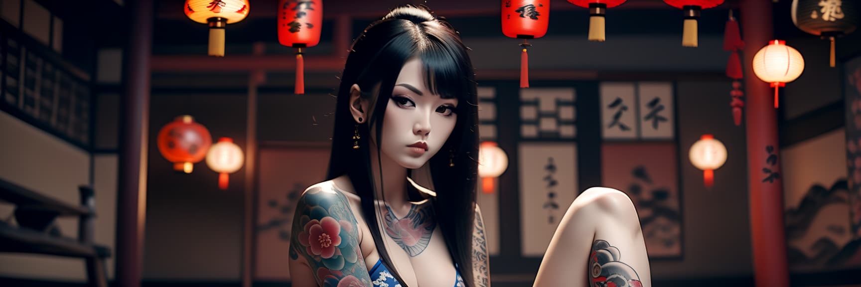  cinematic photo a woman in underwear, with tattoos in the japanese style of irezumi, dark long hair, straight nose, oriental entourage, sitting in a feminine pose, background and clothing styled for the edo era. . 35mm photograph, film, bokeh, professional, 4k, highly detailed