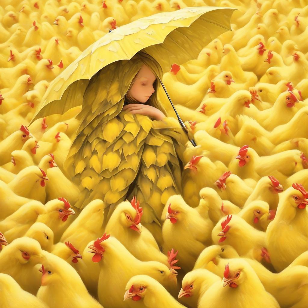  the girl covered with an umbrella of yellow chickens