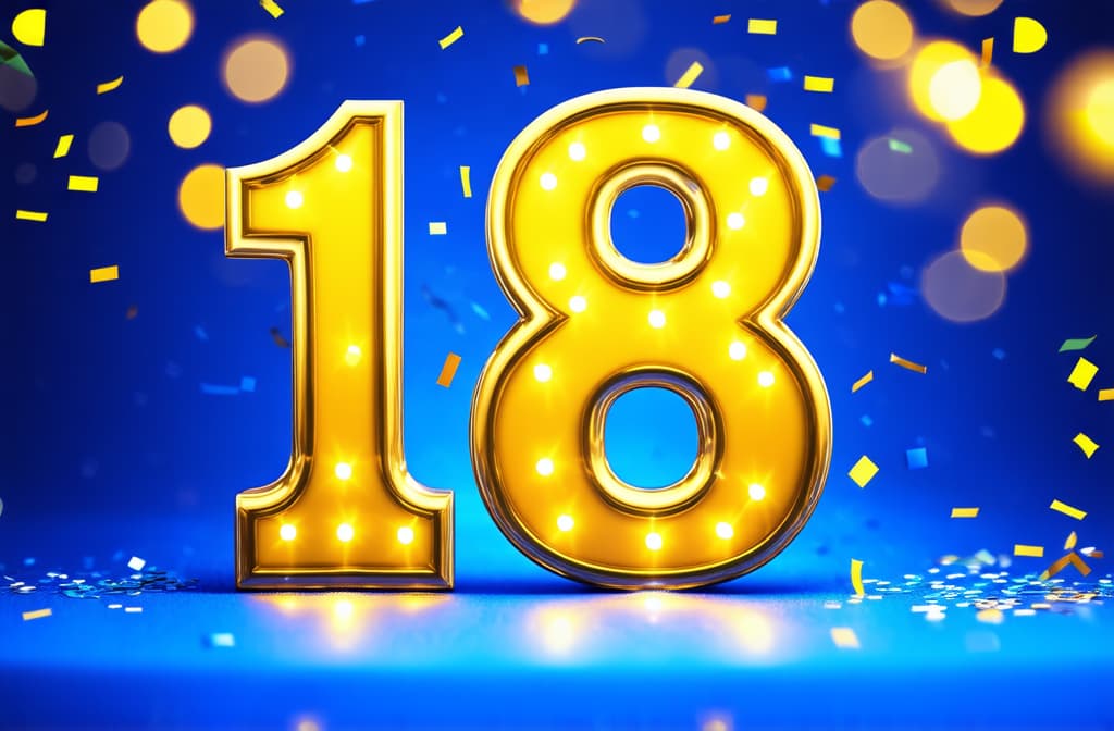  number 18 with golden bokeh lights and confetti, festive birthday celebration ar 3:2 {prompt}, maximum details