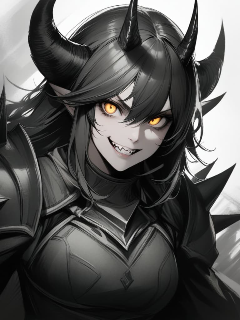  monster hunter monster hunter (character) rajang jinouga gear armor female grin horns sharp teeth teeth yellow eyes evil grin evil smile looking at camera smiling monster spikes blood one woman spiked armor partially colored high resolution large file size very high resolution realistic